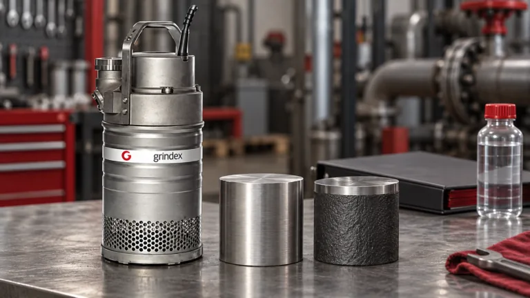 Нержавеющий насос Grindex Inox и образцы нержавеющей стали и чугуна