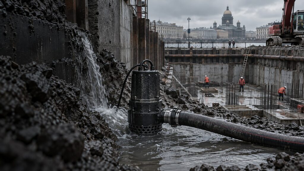 Погружной насос для водопонижения котлована на водонасыщенном грунте