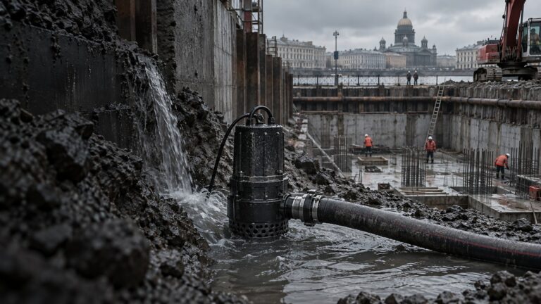 Погружной насос для водопонижения котлована на водонасыщенном грунте