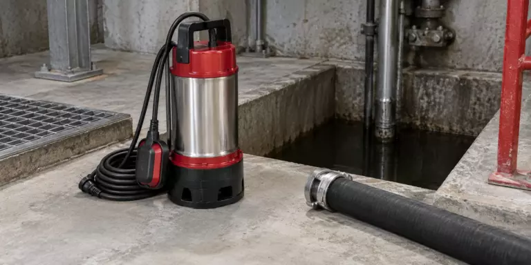 Компактный дренажный насос у узкого бетонного приямка