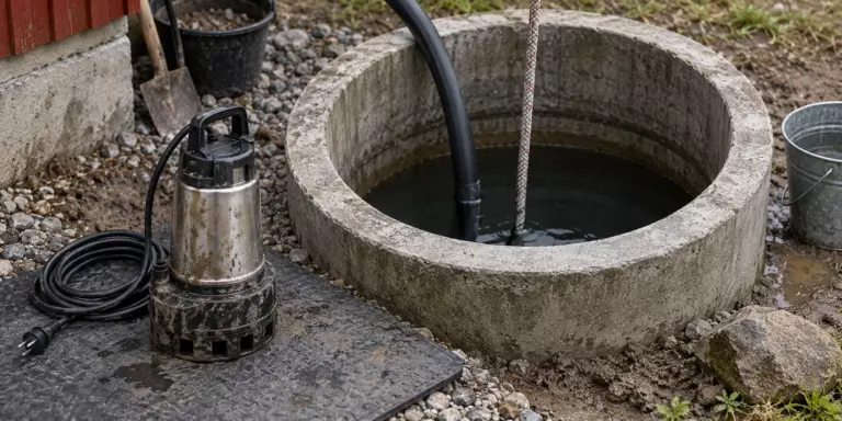Колодец из бетонных колец и оборудование для откачки воды и ила