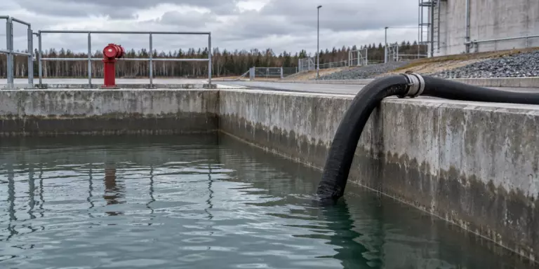 Откачка воды из бетонного противопожарного резервуара для обслуживания